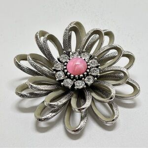 Vintage Silver Flower Brooch With Clear Crystals And Pink Center